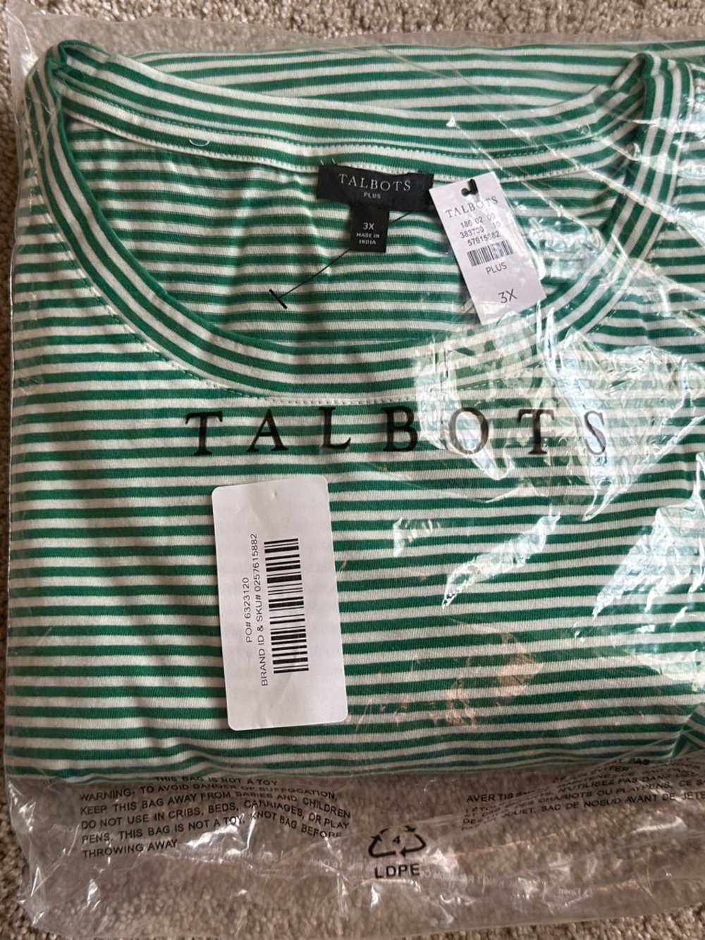 Talbots Green and White Striped Long Sleeve Tee